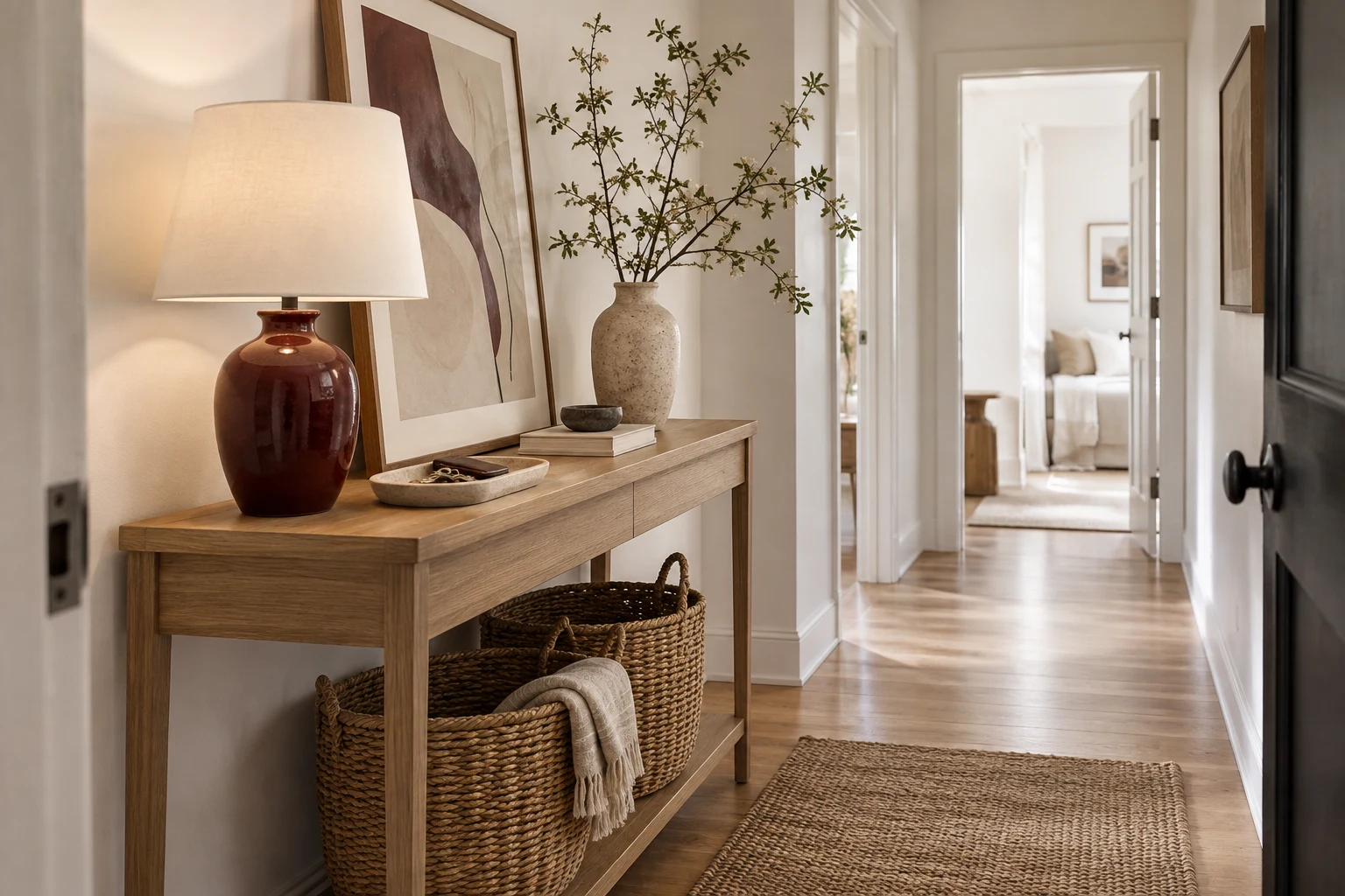 AI concept of a narrow entryway with an oak console and woven storage baskets