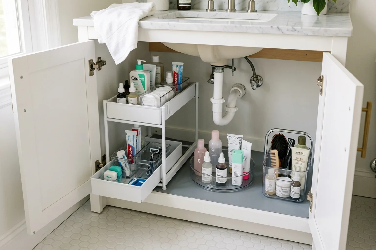 An AI concept of an organized rental bathroom vanity with open doors, showing tiered freestanding sliding bins, a turntable, and a waterproof mat arranged around plumbing.